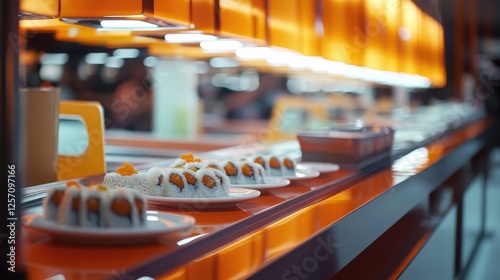 Wallpaper Mural A modern conveyor belt sushi setup with neatly arranged sushi plates gliding along. Torontodigital.ca