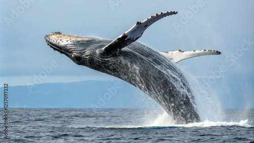 Humpback whale in mid-air as its tail fluke peduncle is thrown backward, flying motion, whale