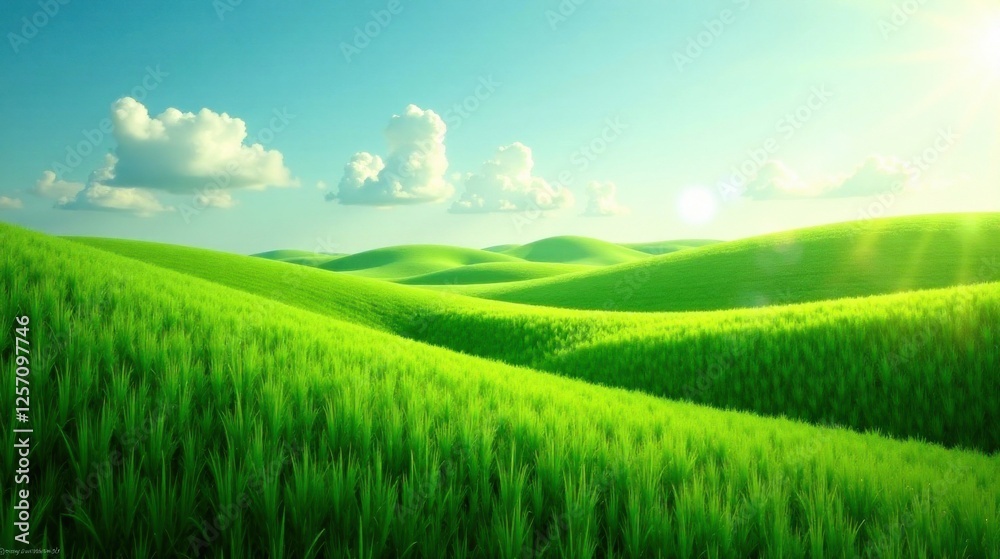 Fototapeta premium Serene Rolling Hills of Lush Green Grass Under a Bright Sunny Sky with Puffy White Clouds