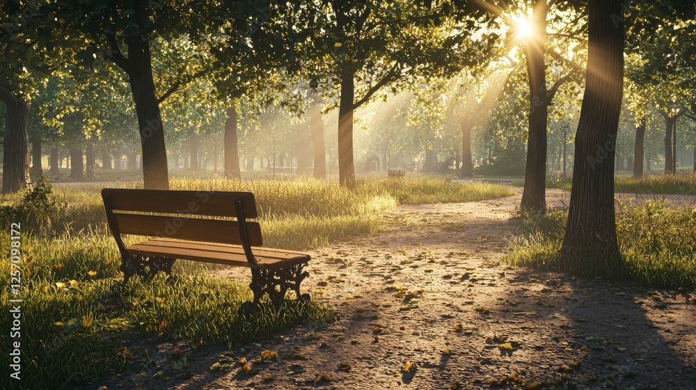Tranquil Park Scene with Sunlight Streaming Through Trees and Empty Bench Surrounded by Lush Greenery and Trails Tranquil Park Scene with Sunlight Streaming Through Trees and Empty Bench Surrounded by Lush Greenery and Trails