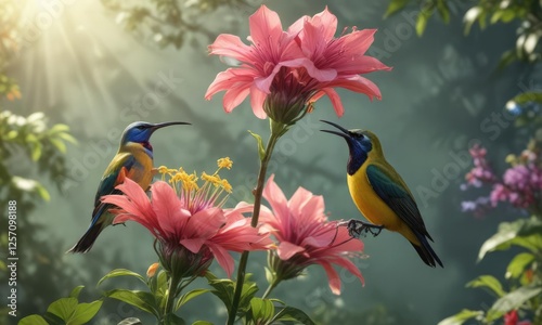 Nectar-filled flower attracts the sunbird's attention, attractant, feeding behavior photo