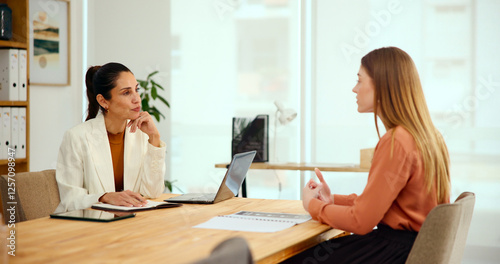 Talking, meeting and planning with woman with client in office for interior design brief, consulting or feedback. Property layout, creative project and timeline with people for real estate renovation