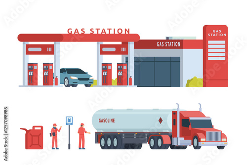 Modern Gas Station Building with Shop Vector Illustration, complete with set of support elements.