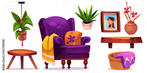 Boho living room furniture set with purple armchair with pillow and plaid, wooden table and shelf, potted plants, hanging macrame planter, photo frame. Interior design elements in bohemian style.