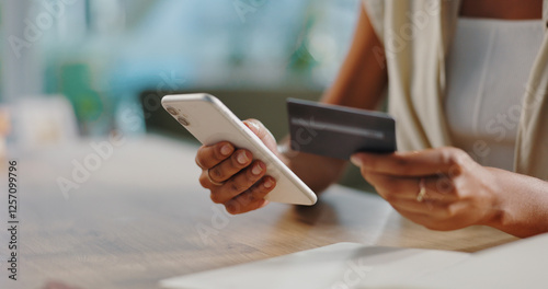 Credit card, phone and hands of person in home for online shopping, internet purchase and payment. Ecommerce, fintech and woman on smartphone typing password for website sale, savings and banking photo