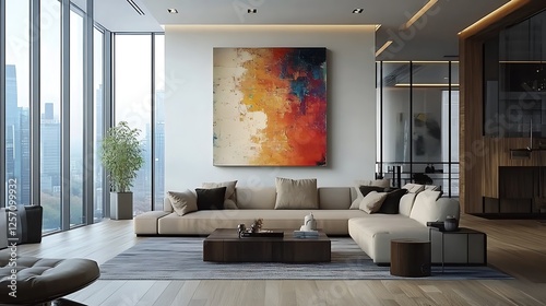 Wallpaper Mural Abstract art painting on canvas in modern living room with city view. Torontodigital.ca