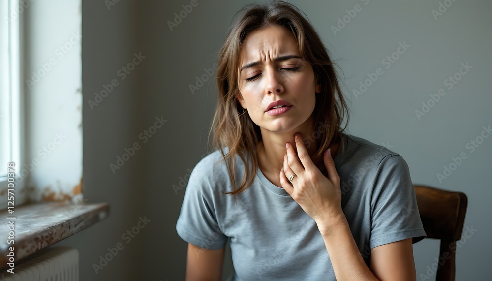 Woman Experiencing Sore Throat with Hand on Neck in Pain Woman Experiencing Sore Throat with Hand on Neck in Pain