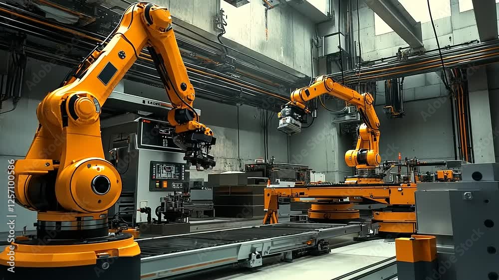 Two Orange Industrial Robots in a Modern Factory Setting Two Orange Industrial Robots in a Modern Factory Setting