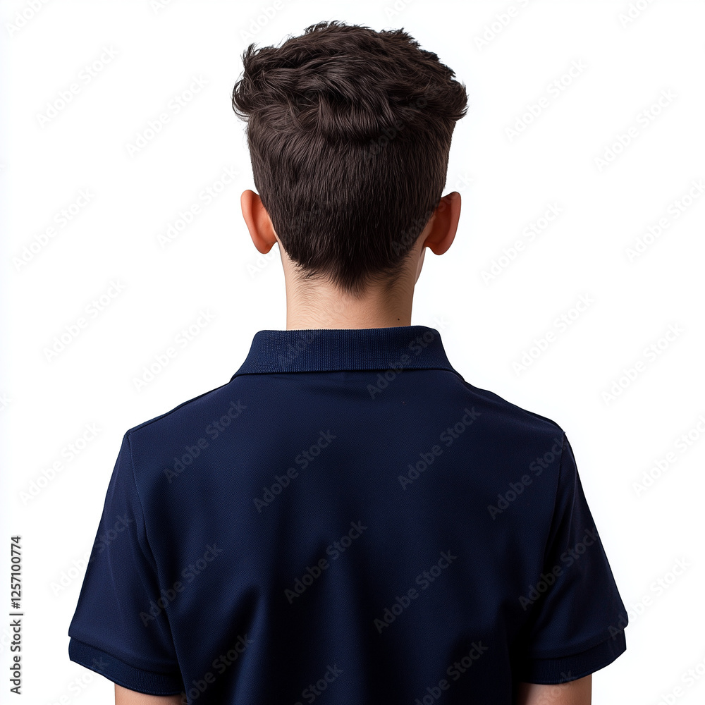 Back view of a teenage boy wearing a dark blue polo shirt, isolated on white background Back view of a teenage boy wearing a dark blue polo shirt, isolated on white background