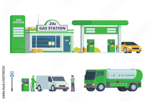 Modern Gas Station Building with Shop Vector Illustration, complete with set of support elements.