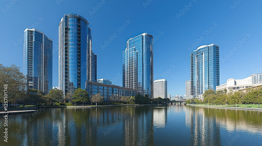 Cityscape, lake reflection, modern buildings, sunny day, park Cityscape, lake reflection, modern buildings, sunny day, park