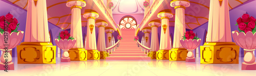 Luxury ballroom interior with marble columns, rose decorations and staircase. Royal palace hall with ornate golden pedestals, floral vases and stained glass window. Grand classical kingdom corridor.