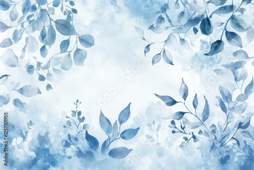 A soft watercolor background in pale blue and white, adorned with hand-painted botanical leaves and winter flowers.