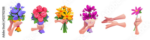 Cartoon hands holding different floral bouquets and stems - blossoms bunches and single flower. Colorful blooming arrangements set for gift design elements. Human wrists give and accept cute posy.