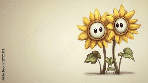 Two cheerful cartoon sunflowers with big eyes standing together against a light background