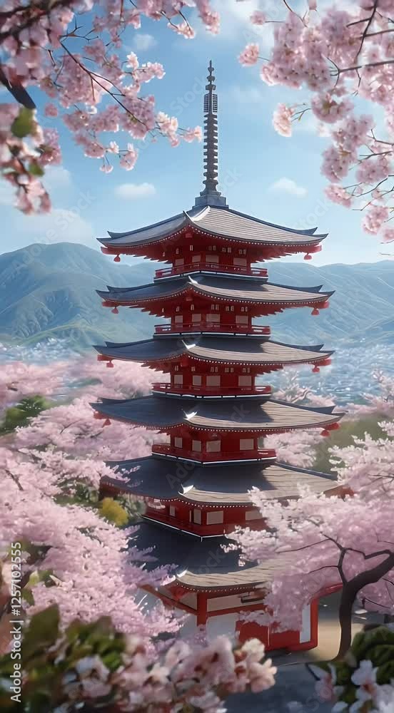 china sakura illustration asia view video animation virtual seamless mountain traditional 4k looping castle japan vector background pagoda time travel landmark landscape mountains japanese lapse