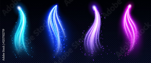 Magic glowing light arrows set with sparkling particles - neon luminous curved lines in blue, purple, pink colors on dark background. Bright mystical beam effects for fantasy game interface design.