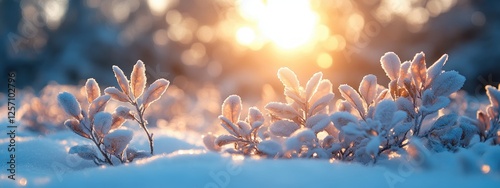 Snowy Winter Scene with Green Branches and Golden Bokeh for Christmas Greetings photo