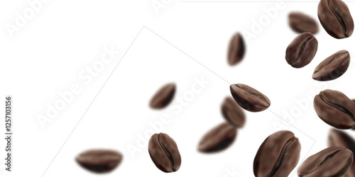 Coffee beans falling on white background. Vector realistic illustration of roasted dark brown seeds flying, restaurant or cafe breakfast menu background, espresso aroma, gourmet beverage ingredient