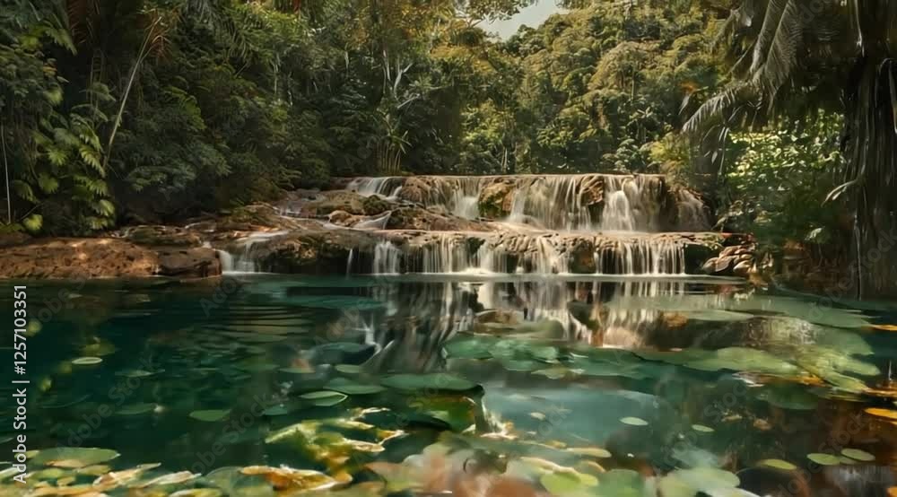 A waterfall flowing into a tranquil lagoon, with lily pads floating on the surface and dragonflies skimming the water