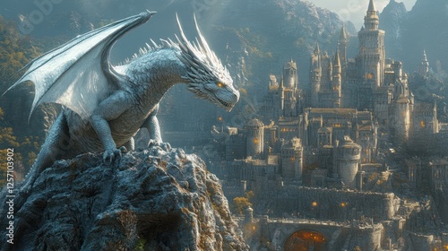 Majestic white dragon overlooking fantasy castle