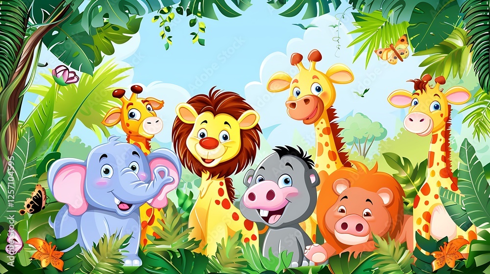 Naklejka premium Cute 2D Animal Kingdom Jungle Illustration