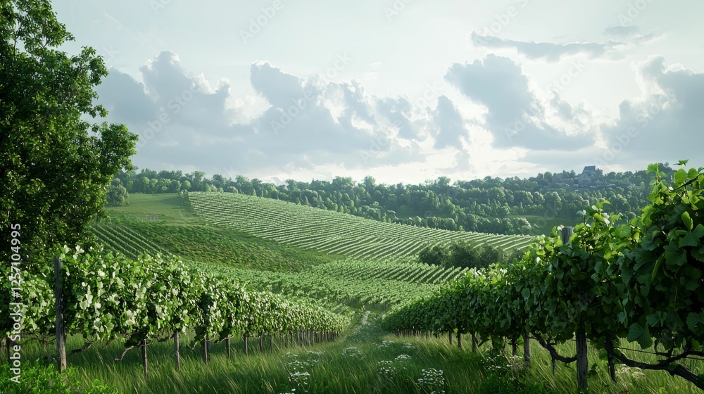 Fototapeta premium Expansive Vineyard Landscape with Lush Green Vines Under Bright Blue Sky and Soft Cloud Cover in Rural Setting