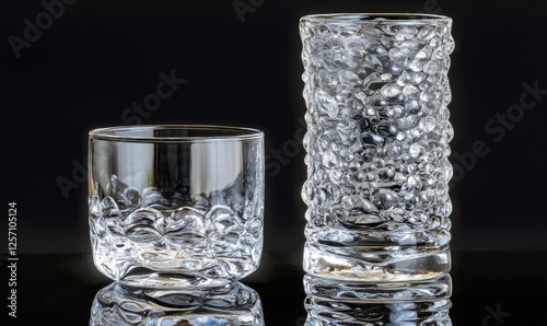 Two elegant, textured glass tumblers on a reflective black surface. Perfect for barware, drinks, or home decor.