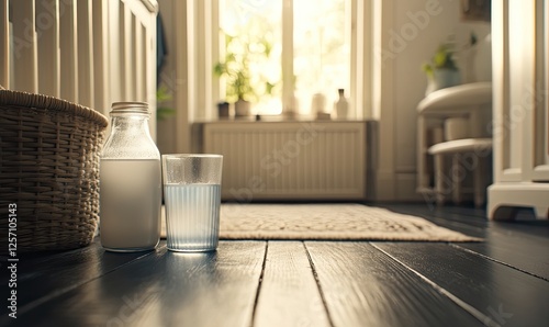 Glass of milk and bottle on dark wood floor, sunlit room background.  Perfect for healthy lifestyle or home imagery.
