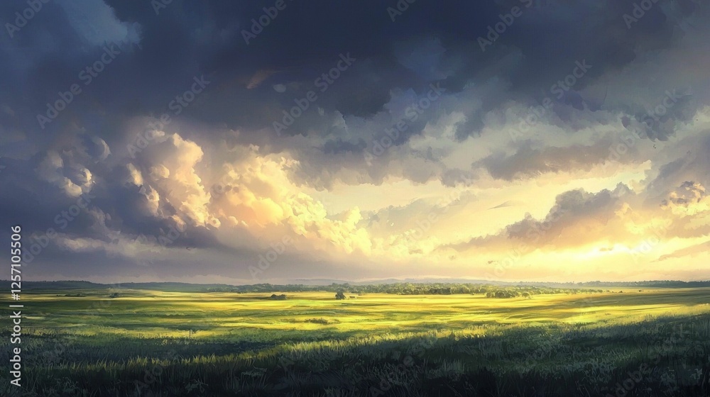 Serene Landscape at Dusk with Dramatic Cloud Formation and Golden Sunlight Casting Shadows on Lush Green Fields Serene Landscape at Dusk with Dramatic Cloud Formation and Golden Sunlight Casting Shadows on Lush Green Fields