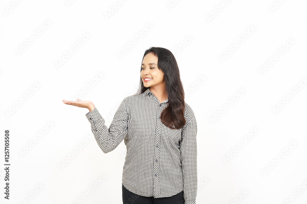Showing and holding product on open palm Of Beautiful Asian Woman Isolated On White Background Showing and holding product on open palm Of Beautiful Asian Woman Isolated On White Background