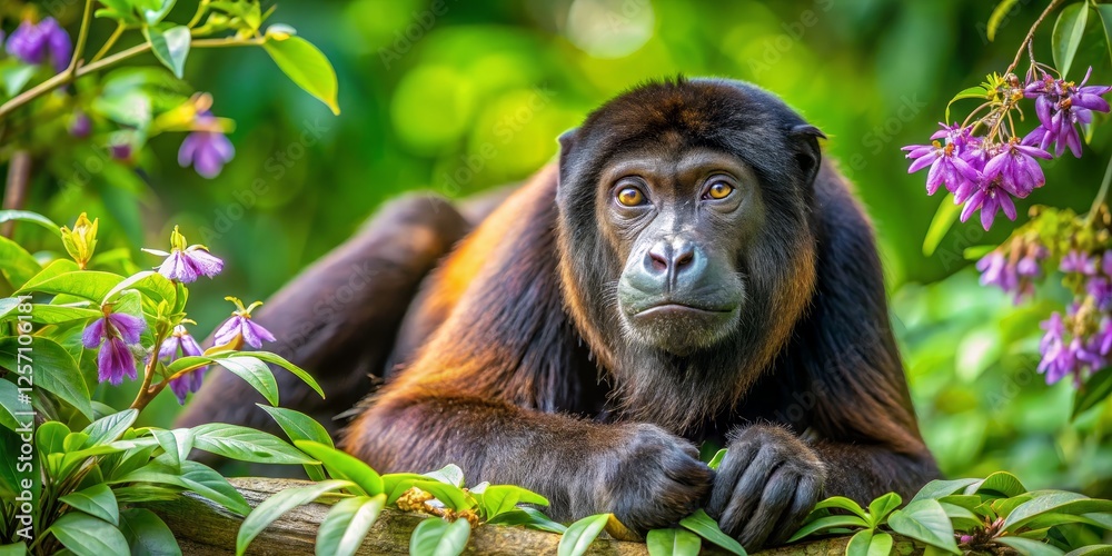 Fototapeta premium Close-Up of a Primate Relaxing Among Vibrant Green Foliage