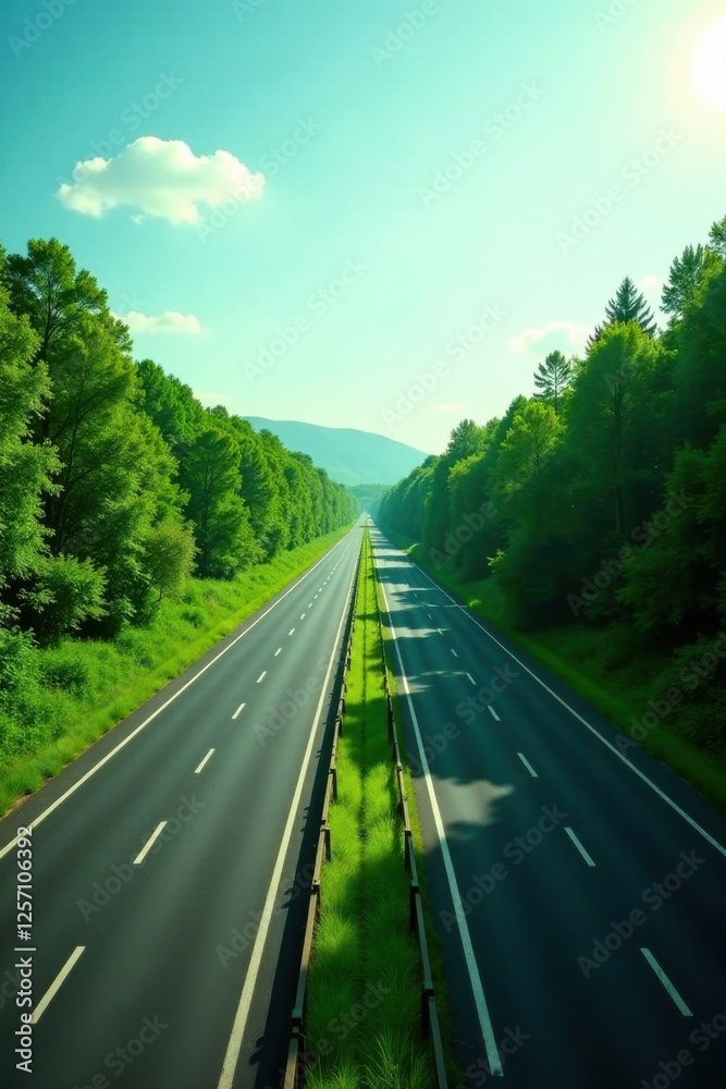 Fototapeta premium Asphalt Road Cutting Through Lush Green Foliage Under a Sunny Sky