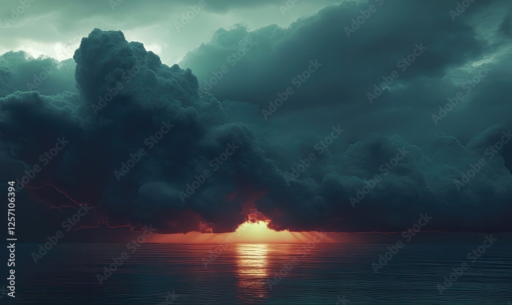 Fototapeta premium Dramatic sunset over the ocean, dark stormy clouds, moody atmosphere, vibrant orange and red hues.