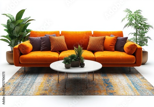 Orange Sofa With Pillows And Plants On White BackgroundWith Pillows and Plants on a White Background. Perfect For a Modern Living Room. Or A Furniture Design Concept. The Image Displays an Orange photo