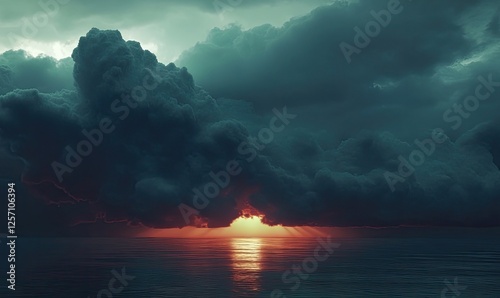 Dramatic sunset over the ocean, dark stormy clouds, moody atmosphere, vibrant orange and red hues.