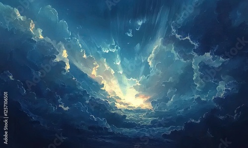 Dramatic sunset through dark clouds;  heavenly light rays breaking through stormy sky;  epic cloudscape background.