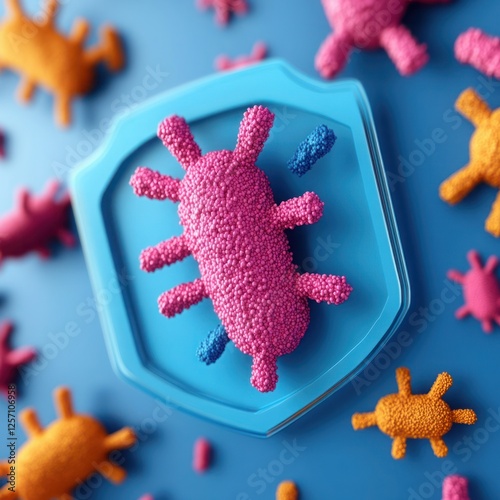 Colorful Microbial Shapes on a Shield Surface Representing Science Protection and Health Safety in Modern Medical Research and Development