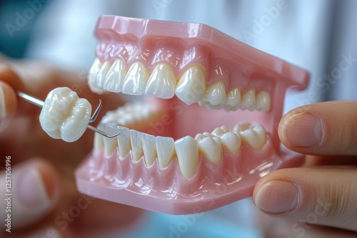 dental implant bridge technology displayed by dentist on human tooth jaw model in clinical setting photo