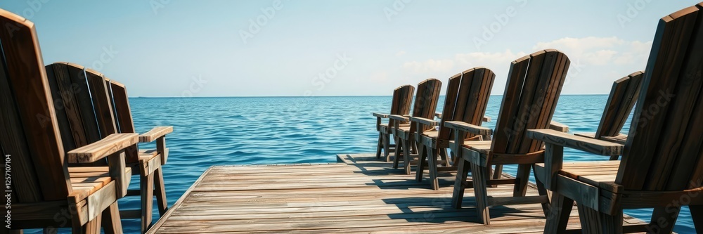 Fototapeta premium On a weathered wooden pier rows of worn wooden chairs await their next user on the peaceful blue waters of the lake, dock, wooden furniture