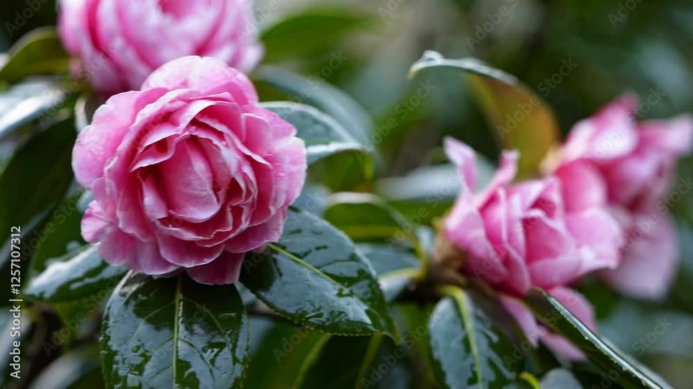 Close-up video of a pink camellia flower with glossy leaves, captured at eye level, showcasing nature's beauty and detail in a serene style. Close-up video of a pink camellia flower with glossy leaves, captured at eye level, showcasing nature's beauty and detail in a serene style.