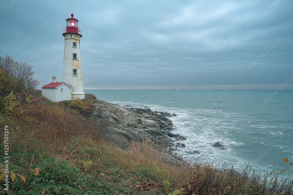 Lighthouse shining on a rocky coast during a cloudy day Lighthouse shining on a rocky coast during a cloudy day