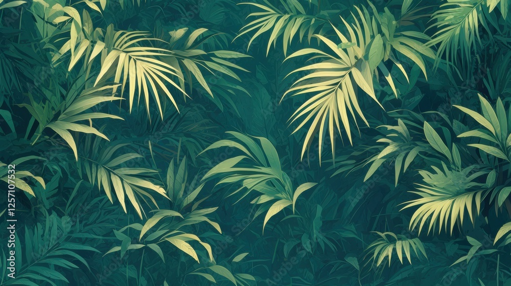 Fototapeta premium Tropical jungle style abstract background with lush green tones and vibrant foliage patterns. Emphasizing an exotic environment. Ideal for nature projects.