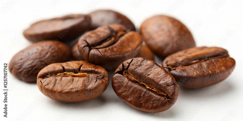 Obraz premium Coffee beans, macro photography, high detail, warm tones, textured surface, roasted, aromatic, organic, whole beans, shallow depth of field, studio lighting, food photography, gourmet, rich brown