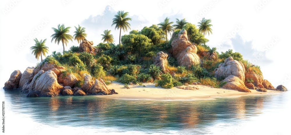 Fototapeta premium Tropical Island Beach With Palm Trees And Rocks