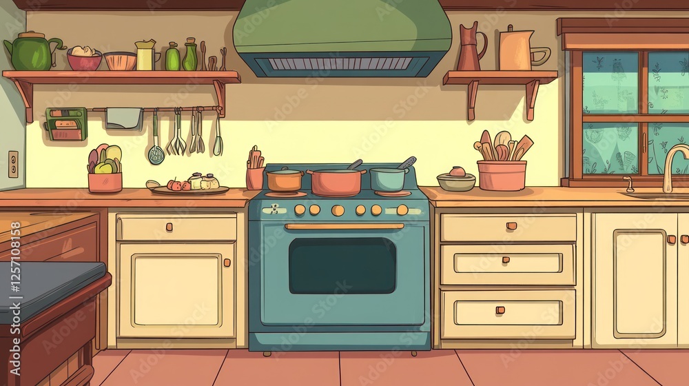 Cozy cartoon kitchen interior, sunlight streams in, possible use for children's book illustration