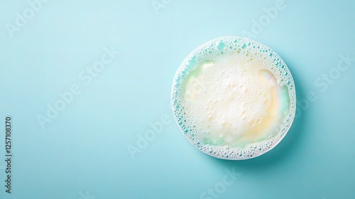 Delicate Iridescent Soap Foam Bubbles on Light Blue Surface