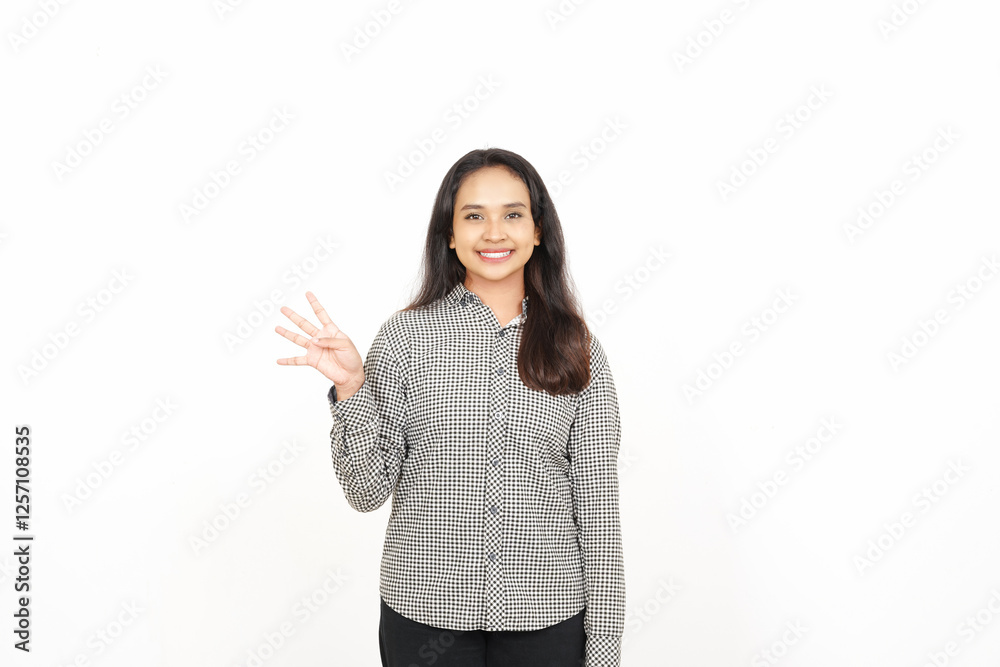 Smiling and showing counting finger, Four Finger Of Beautiful Asian Woman Isolated On White Background Smiling and showing counting finger, Four Finger Of Beautiful Asian Woman Isolated On White Background