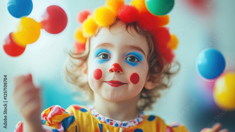 A young child dressed as a clown skillfully juggles vibrant balls during a lively party atmosphere A young child dressed as a clown skillfully juggles vibrant balls during a lively party atmosphere