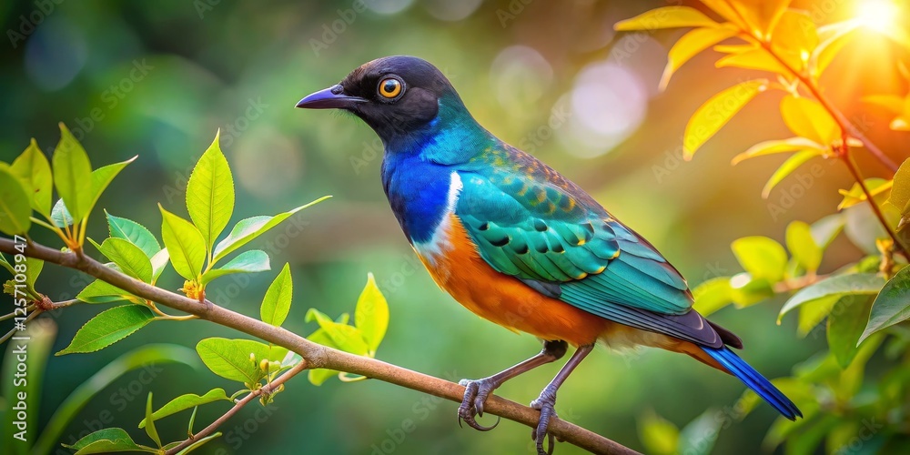 Colorful Bird Perched on Branch Surrounded by Green Foliage Colorful Bird Perched on Branch Surrounded by Green Foliage